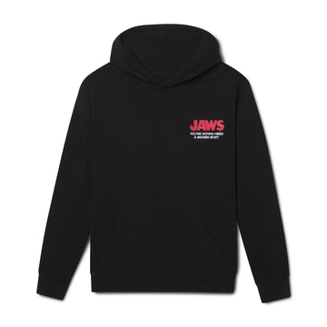 Black hoodie with 'JAWS' logo on the back against a white background